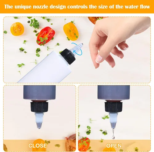Vista 4 de Honeydak 30 botellas de plástico Boston de 8.5 onzas para salsa, dispensador de condimentos vacío con tapa giratoria y 2 embudos, ideal para salsa