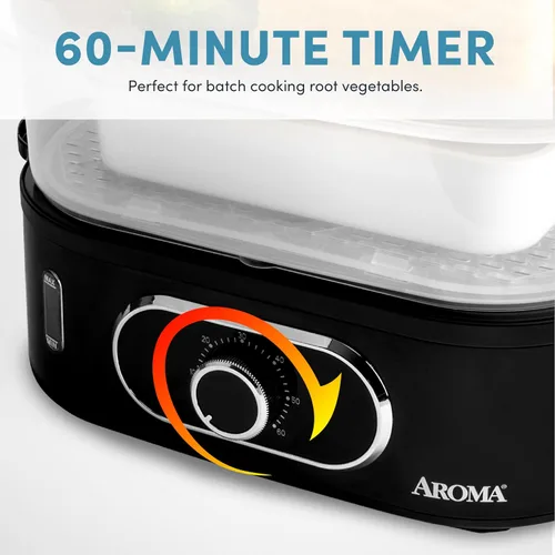 Vista 4 de AROMA® Cesta de vapor de alimentos doble y vaporizador eléctrico de arroz con nivel de agua de fácil lectura y temporizador