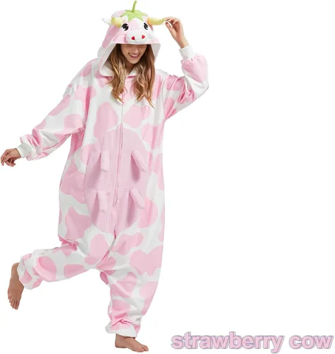Vista 2 de BETIFUHOM Pijama mameluco de vaca rosa animal unisex de una pieza Cosplay Halloween disfraz