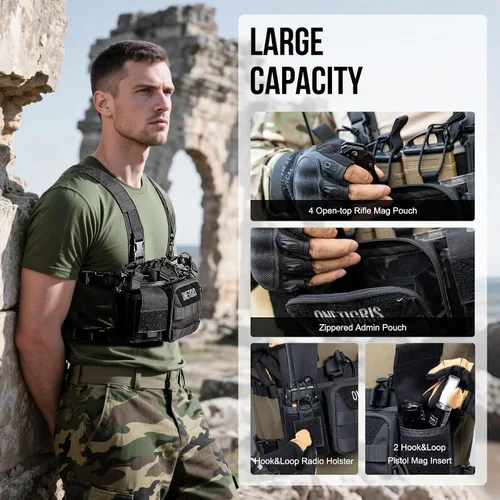 Vista 4 de ONETIGRIS Chest Rig, Dangler Pouch for Hunting Shooting Hiking Negro
