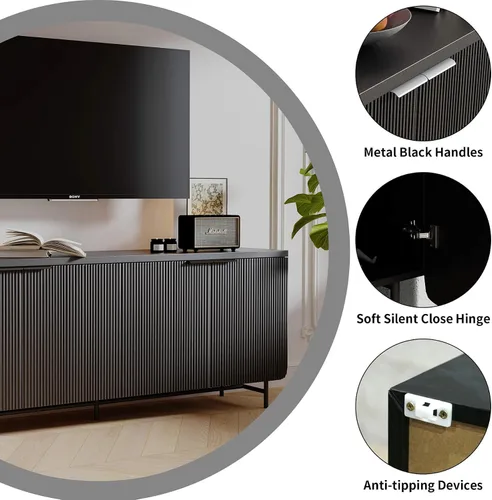 Vista 3 de Soporte de TV acanalado de mediados de siglo para TV de 55 a 75 pulgadas, centro de entretenimiento negro con almacenamiento, soporte de televisión