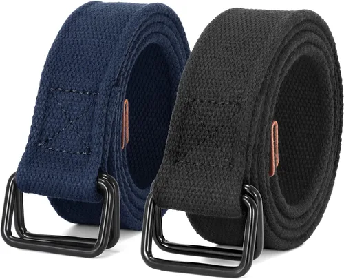 Vista 6 de JASGOOD Cinturones de tela de lona para hombre, cinturones casuales de tela con hebilla de doble anillo negro, paquete de 2