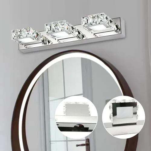 Vista 4 de Lámpara de tocador de cristal de 18.1 pulgadas, 3 luces, accesorios de iluminación de baño, lámpara de pared LED cromada moderna sobre espejo