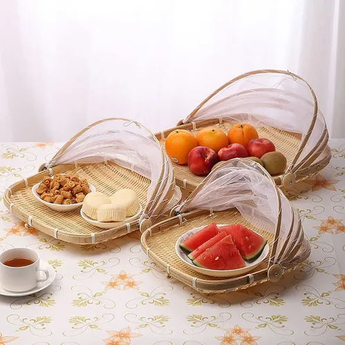 Vista 2 de Cesta de bambú para servir alimentos con tapa, cesta cuadrada tejida a mano para pan y verduras, contenedor de almacenamiento de alimentos a prueba