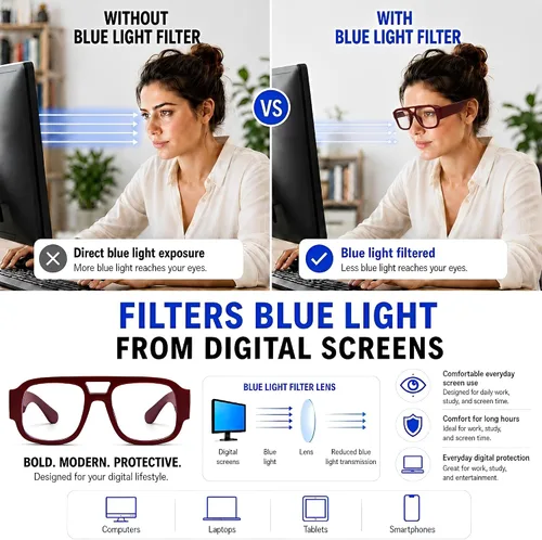 Vista 3 de Oversized Aviator Blue Light Blocking Glasses for Women Cherry Red