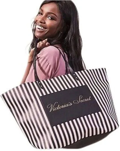 Vista 2 de Victoria's Secret Bolso de mano de fin de semana a rayas negras y rosas, Negro