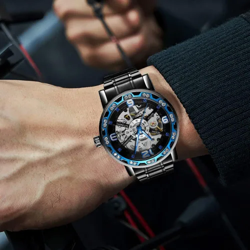 Vista 6 de Reloj de pulsera de esqueleto mecánico masculino de lujo con diseño real de diamantes de moda transparente