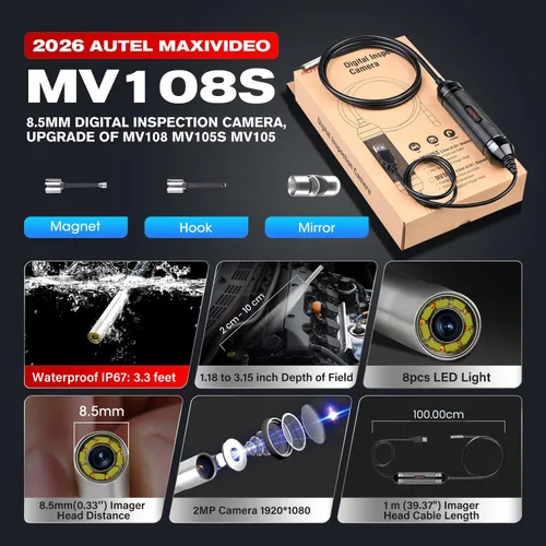 Vista 2 de Cámara de Inspección Digital Autel MaxiVideo MV108S 2025, 2MP 1920x1080, Endoscopio USB Impermeable IP67, Cámara Boroscopio Serpiente de 8.5mm