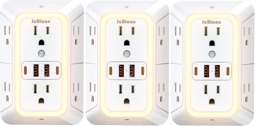Vista 8 de Extensor de toma de corriente de pared con luz nocturna, adaptador de enchufe de alimentación extensor de 6 salidas con 4 puertos de carga USB