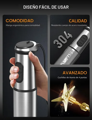 Vista 6 de Batidora de mano GAVASTO de inmersión, batidora de mano de 20 velocidades y modo turbo, 3 en 1, motor de cobre resistente, acero inoxidable