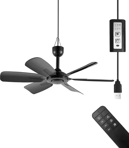 Vista 7 de Ventilador colgante pequeño USB portátil de 17.7 pulgadas con 6 cuchillas, uso en interiores y exteriores, para caravana, campamento y toldo, Negro