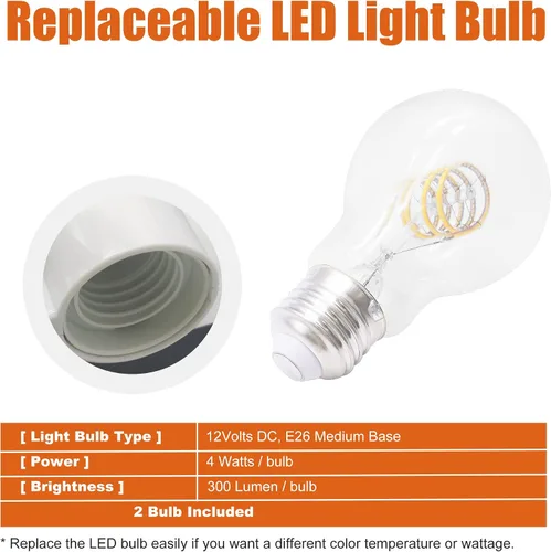 Vista 4 de Facon Lámparas colgantes de 12 V para autocaravana, luz de techo interior de 11 pulgadas con interruptor, 2 bombillas LED E26 reemplazables Lámpara