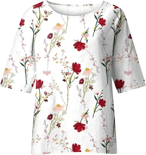 Vista 3 de Blusas para mujer, estilo casual, manga 34, algodón, lino, vintage, estampado floral, cuello redondo, ajuste holgado