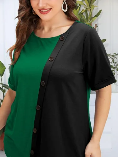 Vista 5 de Camisetas de talla grande para mujer, con botones de contraste, blusas casuales de verano, camisas de manga con puños