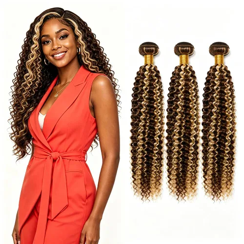 Vista 86 de P4613 Cabello humano rizado onda profunda marrón y paquetes mixtos 8 10 12 P4613 Ombre Marrón-Rubio-DP