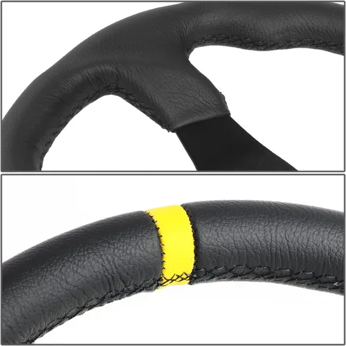 Vista 4 de NRG Innovations NRG-RST-024MB-R-Y Volante Reforzado - 12.598 in Deportivo Parte Inferior Plana de Cuero con Marca Central Amarilla