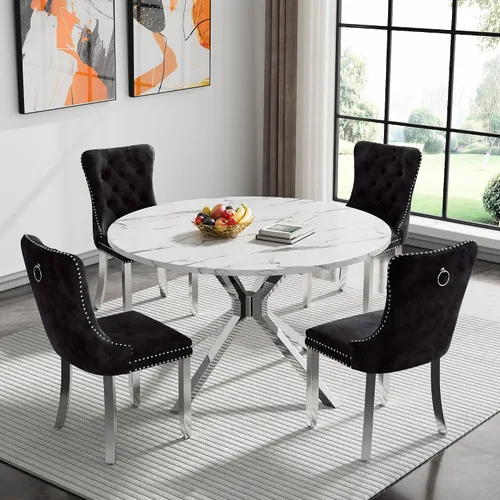 Vista 43 de Juego de 5 mesas de comedor, juego de mesa de cocina y comedor para 4, mesa de cocina rectangular de mármol sintético blanco de 47 pulgadas con base
