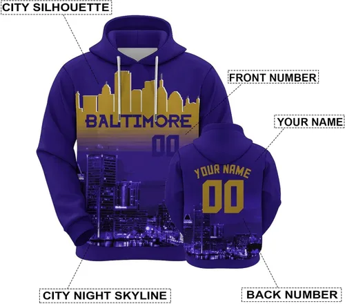 Vista 111 de Custom Football Hoodies City Night Skyline Personalized Sweatshirt Name Number Fan Gift Pullover for Men Women Youth