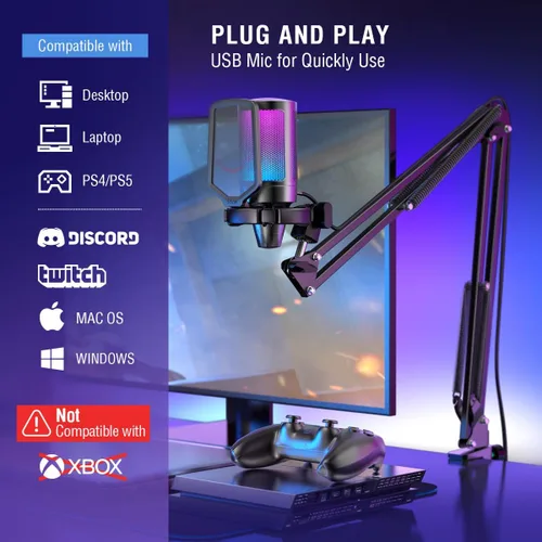 Vista 7 de FIFINE Gaming PC USB Microphone, Podcast Condenser Mic with Boom Arm, Pop Filter, Mute Button for Streaming, Twitch, Online Chat, RGB Computer Mic