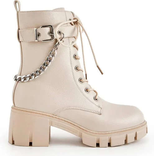Vista 4 de TINSTREE Botas de combate de tacón bajo con hebilla de moda para mujer, botas de combate con cremallera lateral, botas antideslizantes para montar
