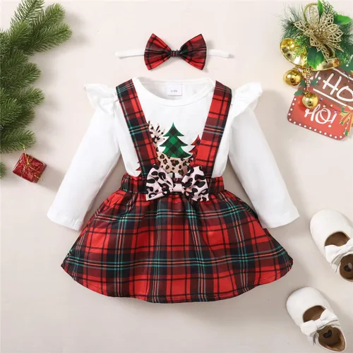 Vista 2 de Vedext Conjunto de ropa de Navidad para recién nacido mameluco de Navidad falda a cuadros con tirantes diadema