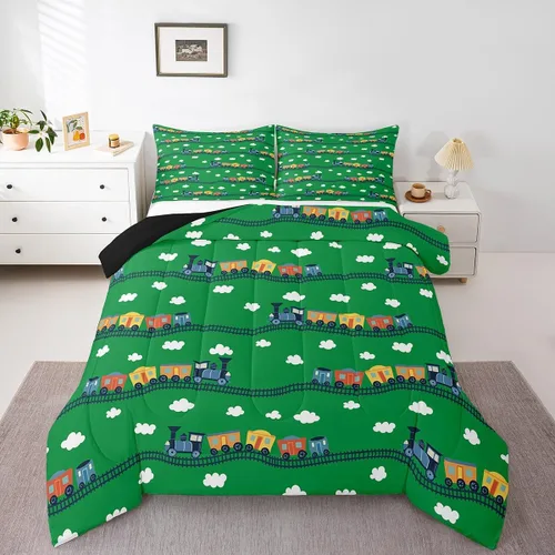 Vista 12 de Erosebridal Juego de edredón de tren de locomotora para niños, tamaño individual, lindo juego de ropa de cama con motor de vapor para niños y niñas
