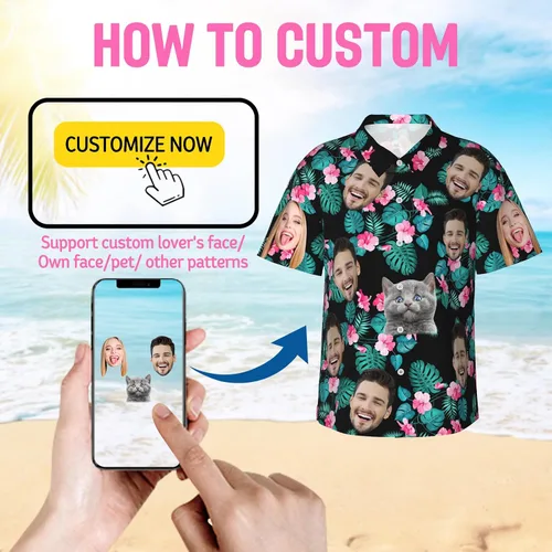 Vista 2 de Camisa hawaiana personalizada para hombres con cara, camisas florales tropicales personalizadas con foto de marido Aloha Beach Flower Shirt