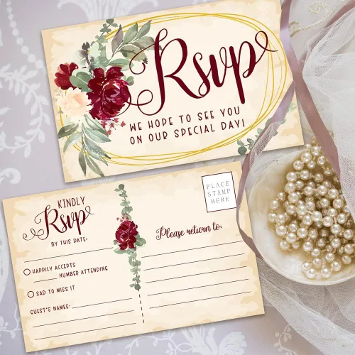 Vista 7 de Tarjetas postales RSVP - Invitaciones y sobres con tema de rosas burdeos para boda - Kit de invitación de boda minimalista, tarjetas RSVP en blanco