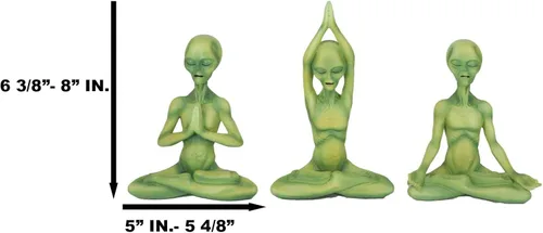 Vista 2 de Ebros Gift OVNI Sighting Green Roswell Alien ET Yoga Meditación Lotus Pose Body Mind and Soul Sitting Figurines Set de 3 criaturas extraterrestres