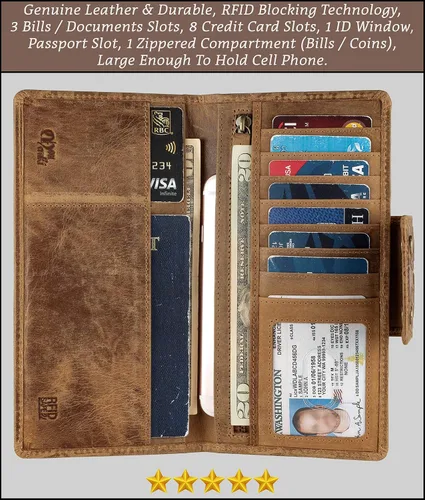 Vista 2 de Mou Meraki Cartera larga con bloqueo RFID de cuero genuino - Vintage Bifold para hombres (COGNAC antiguo)