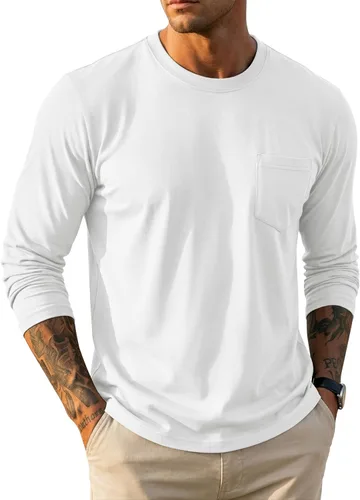 Vista 21 de MAGCOMSEN Camisa de manga larga para hombre con bolsillo, de algodón, cuello redondo, casual, ligera