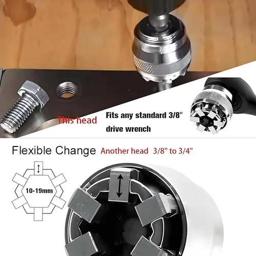Vista 4 de Convertidor Universal de Manguito de Enchufe Multifuncional para Llave de Transmisión de 3/8", Adaptador de Enchufe Ajustable de 10-19mm