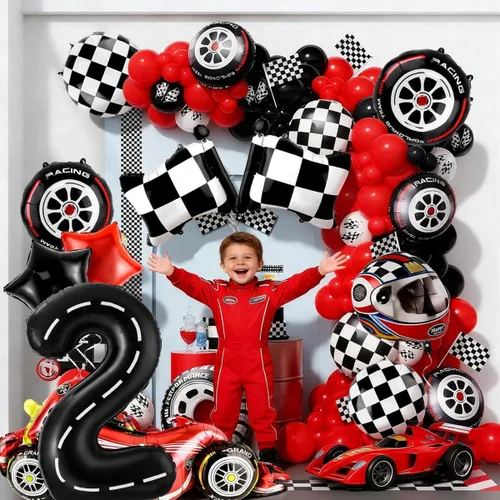 Vista 4 de Decoraciones de fiesta de cumpleaños de auto de carreras, globo negro número 2 de 40 pulgadas, globo de aluminio para decoración de cumpleaños