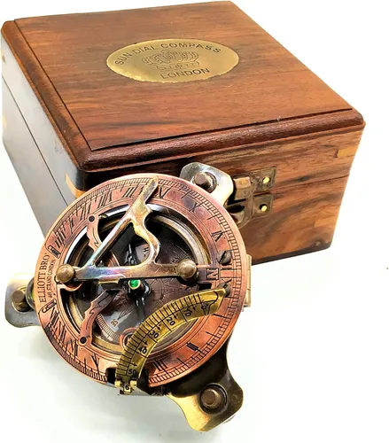 Vista 2 de Brújula de reloj de sol de latón con caja de madera - Brújula de navegación antigua - Decoración náutica