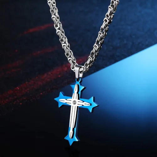 Vista 3 de Collar con colgante de cruz para hombres, niños, mujeres y niñas, collar de cruz de acero inoxidable, circonita cúbica, regalo de oración cristiana