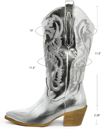 Vista 3 de Botas vaqueras bordadas a media pantorrilla para mujer, punta puntiaguda, tacón grueso, tacón grueso de 2.4 in, botas vaqueras para mujer
