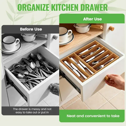 Vista 4 de Organizador de cubiertos, soporte para utensilios de cajón de cocina (bambú, grande)