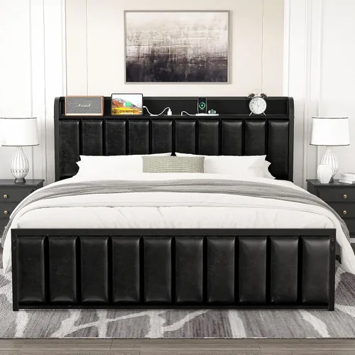 Vista 11 de VECELO Queen Bed Frame, Storage Upholstered Headboard with Charging Station, Platform Bedframe, Heavy Duty Metal Slats, No Box Spring Needed