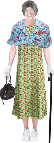 Vista 4 de Yingzhao 20 piezas de disfraz de anciana de Halloween para abuela, peluca de abuelita, vestido de tatuajes antiarrugas con rodillos, gafas de caña
