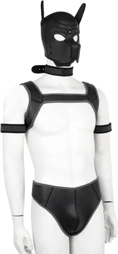 Vista 5 de BaronHong Kit de máscara de cabeza completa de neopreno para perro, disfraz novedoso con cuello y correa Negro