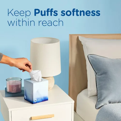 Vista 8 de Pañuelos faciales ultrasuaves sin loción Puffs, 1 cubo, 48 pañuelos por caja