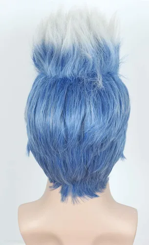 Vista 4 de Linfairy Peluca de cosplay en capas cortas de anime, disfraz de Halloween, pelucas de fiesta de cabello azul plateado