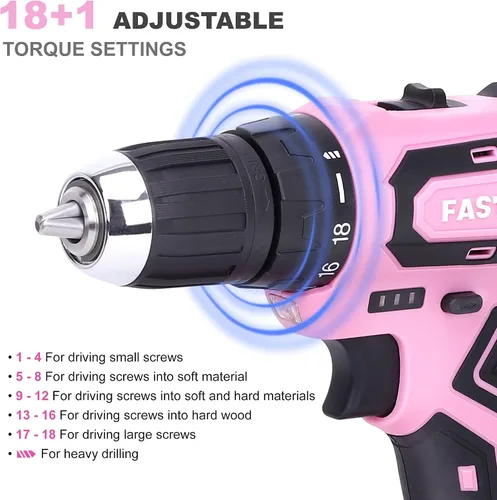 Vista 5 de FASTPRO Juego de herramientas para el hogar y taladro de iones de litio inalámbrico de 177 piezas de 20 V rosa con taladro en estuche