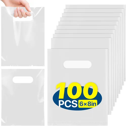 Vista 13 de ANZNKU 100 bolsas de regalo pequeñas multicolor con asa para dulces, muestras de bocadillos, manualidades, bolsa de regalo de plástico a granel