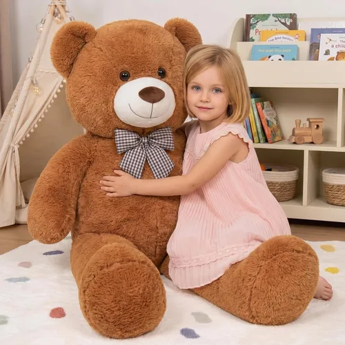 Vista 3 de Oso de peluche marrón gigante, animal de peluche grande de 47 pulgadas, material de felpa suave, estilo clásico con lazo a cuadros, para acurrucarse
