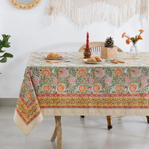 Vista 27 de Labhanshi Mantel rectangular de 6 plazas de algodón prelavado con estampado indio a mano, 60 x 90 pulgadas, diseño floral de algodón prelavado