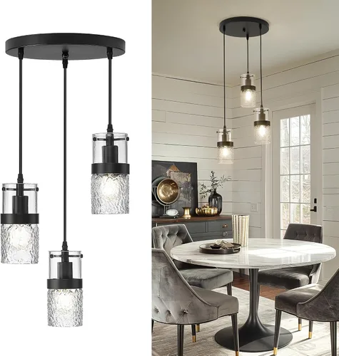 Vista 20 de LMS Lámpara colgante dorada, 1 luz colgante para isla de cocina con vidrio martillado, LMS-171