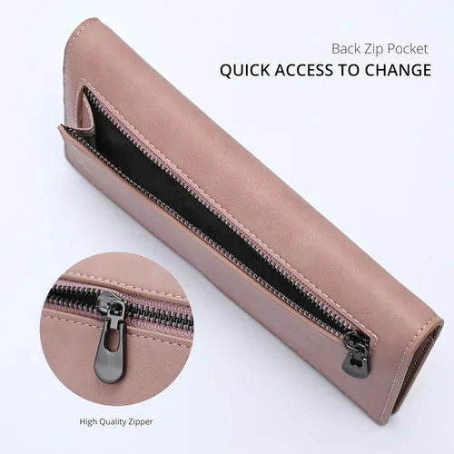 Vista 4 de Alldaily Billetera de cuero ultrafina para mujer, con bloqueo RFID, tarjetero de crédito, plegable, larga, Rosado oscuro