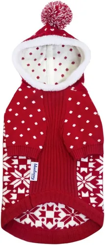 Vista 5 de Blueberry Pet Let It Snow Suéter Clásico Feo de Navidad con Capucha y Diseño de Copos de Nieve para Perro en Rojo y Blanco, Longitud de Espalda 12