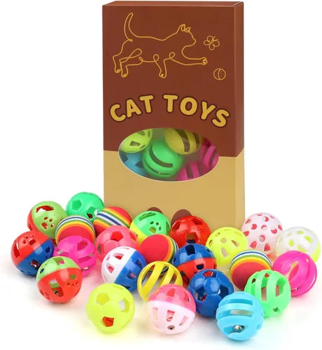 Vista 7 de QUOZUO Paquete de 24 bolas de plástico para gatos, bolas de celosía con campana, juguete de gatito, bola de arcoíris, estilos de caja de regalo